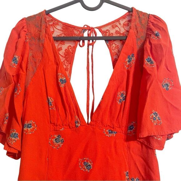 Free People Mockingbird Coral Red Floral Backless Mini Dress - Picture 4 of 8
